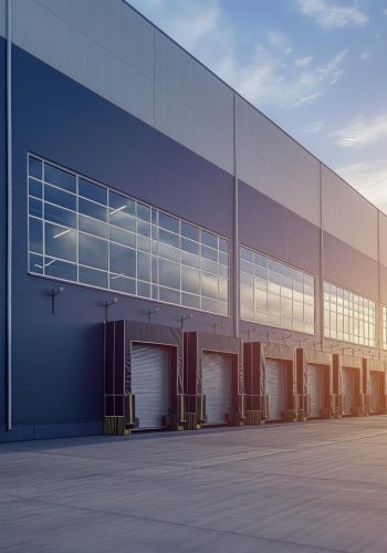 Modern logistic centre warehouse outdoor exterior on sunny day distribution centre advertising campaign